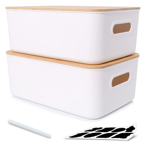 Citylife 2er-set 13L Aufbewahrungsbox mit Bambus Deckel Weiß Aufbewahrungsbox Kunststoff Plastik Box für die Organisation stapelbar Aufbewahrungskorb mit Griff für Küche Badezimmer 38 x 27 x 15 cm von Citylife