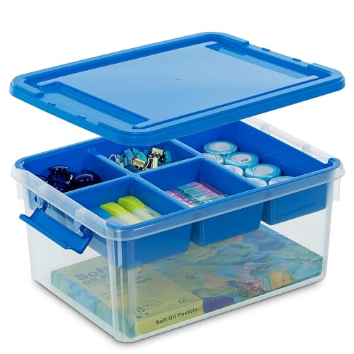 Citylife Aufbewahrungsboxen mit Blau Deckel, 16L aus Kunststoff mit abnehmbarem Tablett, Verstärkte Kisten Bastelaufbewahrungs box klein für die Organisation von Werkzeug, Handwerk, Buntstifte von Citylife