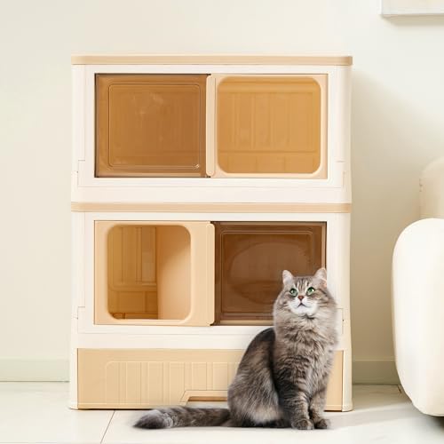 Citylife Katzentoilette mit Katzentoilette, 2 Tier Faltbare Katze Wurf Box große, ausziehbares Tablett, beige, Leicht zu reinigende Schubladenstreukiste, geräumig für Katzen bis 15 kg von Citylife