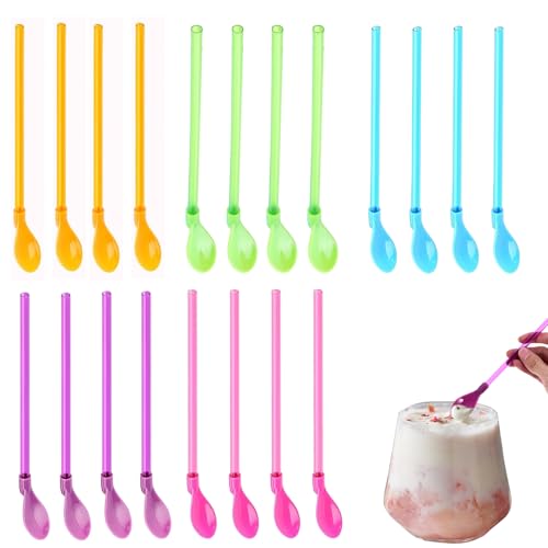 20 Stück Plastik Strohhalm Löffel, 2 in 1 Löffel Strohhalme, Plastik Löffel für Cocktails Smoothies Milchshakes von Cjytdkj