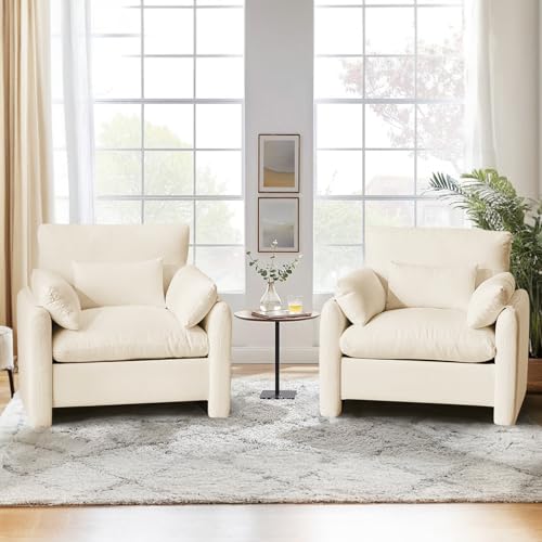 Ckaff 2er Set Extragroß Ohrensessel Sessel Wohnzimmer, 93.5cm Polstersessel Fernsehsessel Einzelsofa mit Abnehmbares Armlehne & Wurfkissen, Einzelsofa Lesesessel für Wohnzimmer Schlafzimmer, Beige von Ckaff