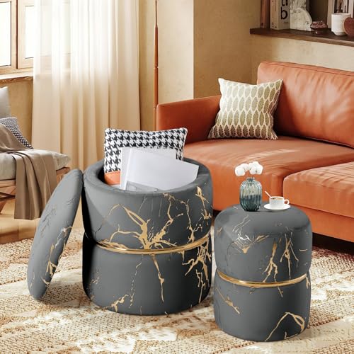 Ckaff 2er Set Hocker mit Stauraum, Sitzhocker mit Stauraum Schminkhocker, Pouf Ottoman Polsterhocker Rund Bouclé Samt Stoff Fußhocker mit Stauraum für Schminktisch Schlafzimmer Wohnzimmer, Grau von Ckaff