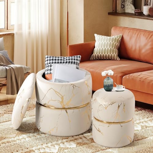 Ckaff 2er Set Hocker mit Stauraum, Sitzhocker mit Stauraum Schminkhocker, Pouf Ottoman Polsterhocker Rund Bouclé Samt Stoff Fußhocker mit Stauraum für Schminktisch Schlafzimmer Wohnzimmer, Khaki von Ckaff