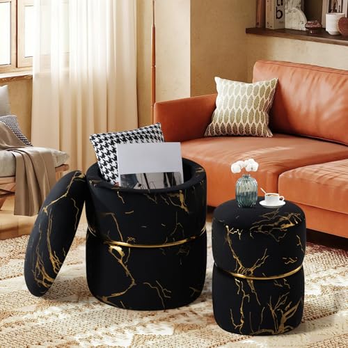 Ckaff 2er Set Hocker mit Stauraum, Sitzhocker mit Stauraum Schminkhocker, Pouf Ottoman Polsterhocker Rund Bouclé Samt Stoff Fußhocker mit Stauraum für Schminktisch Schlafzimmer Wohnzimmer, Schwarz Ckaff 2er Set Hocker mit Stauraum, Sitzhocker mit Stauraum Schminkhocker, Pouf Ottoman Polsterhocker Rund Bouclé Samt Stoff Fußhocker mit Stauraum für Schminktisch Schlafzimmer Wohnzimmer, Schwarz von Ckaff