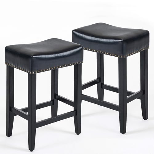Ckaff Barhocker 2er Set, 65.5cm Hoch Barstuhl Küchenstuhl aus Kunstleder,Schminkstuhl Esszimmerstuhl Badhocker Bürohocker Tresenhocker mit Fußstütze für Küche, Wohnzimmer, Esszimmer, Schwarz von Ckaff