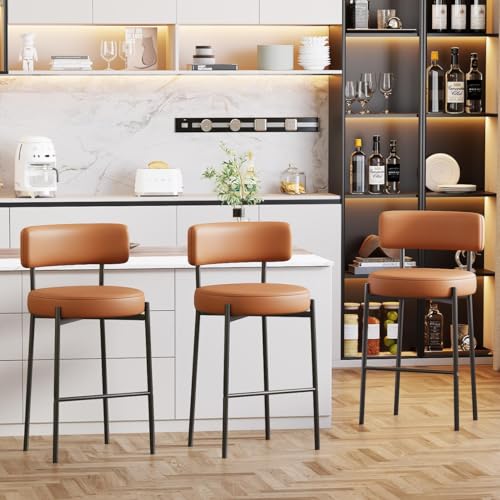 Ckaff Barhocker 3er Set, 63.5cm Sitzhöhe Barstuhl Küchenstuhl aus PU-Leder, Tresenhocker Bistrohocker mit Rückenlehne, Gepolsterte Küchenhocker Esszimmerstuhl für Kücheninsel, Bar, Esszimmer, Braun Ckaff Barhocker 3er Set, 63.5cm Sitzhöhe Barstuhl Küchenstuhl aus PU-Leder, Tresenhocker Bistrohocker mit Rückenlehne, Gepolsterte Küchenhocker Esszimmerstuhl für Kücheninsel, Bar, Esszimmer, Braun von Ckaff