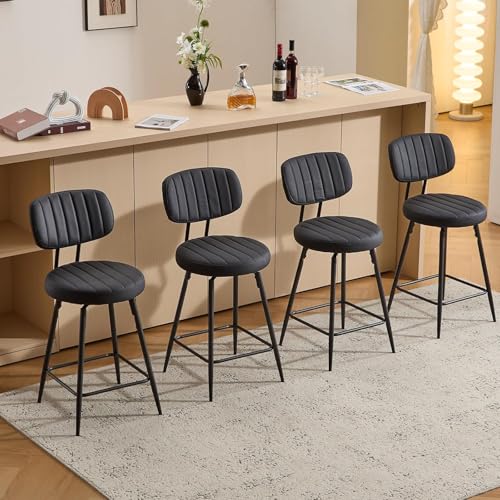 Ckaff Barhocker 4er Set, 360°Drehstuhl Barstuhl aus PU-Leder, 66cm Sitzhöhe Küchenstuhl mit Rückenlehne und Fußstütze, Gepolsterte Küchenhocker Esszimmerstuhl für Kücheninsel, Bar, Esszimmer, Schwarz von Ckaff