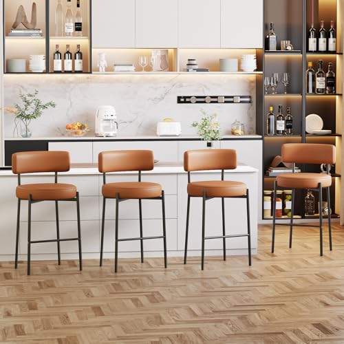 Ckaff Barhocker 4er Set, 63.5cm Sitzhöhe Barstuhl Küchenstuhl aus PU-Leder, Tresenhocker Bistrohocker mit Rückenlehne, Gepolsterte Küchenhocker Esszimmerstuhl für Kücheninsel, Bar, Esszimmer, Braun von Ckaff