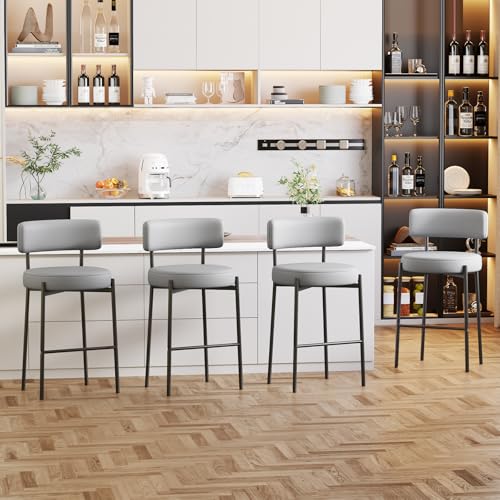 Ckaff Barhocker 4er Set, 63.5cm Sitzhöhe Barstuhl Küchenstuhl aus PU-Leder, Tresenhocker Bistrohocker mit Rückenlehne, Gepolsterte Küchenhocker Esszimmerstuhl für Kücheninsel Bar Esszimmer, Grau von Ckaff