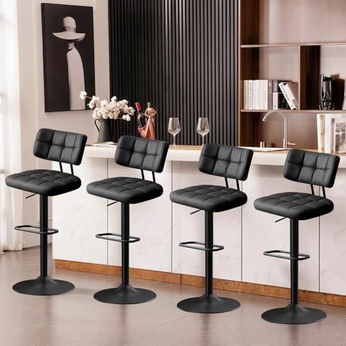 Ckaff Barhocker 4er Set, Barstuhl höhenverstellbar aus PU-Leder, 360°Drehstuhl Küchenstuhl mit Rückenlehne und Fußstütze für Küche, Wohnzimmer, Esszimmer, Schwarz von Ckaff