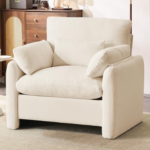 Ckaff Extragroß Ohrensessel Sessel Wohnzimmer, 93.5cm Polstersessel Fernsehsessel Einzelsofa mit Abnehmbares Armlehne & Wurfkissen, Einzelsofa Lesesessel für Wohnzimmer Schlafzimmer, Beige von Ckaff
