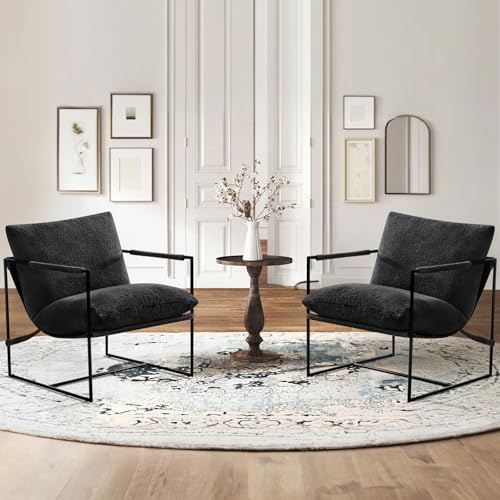 Ckaff Extragroß Sling Akzent-Sessel 2er Set 85x77.5x88cm, Sessel Wohnzimmer Loungesessel mit Metallrahmen und Polsterung, Ohrensessel Polstersessel Bouclé fürs Wohnzimmer Schlafzimmer, Schwarz von Ckaff