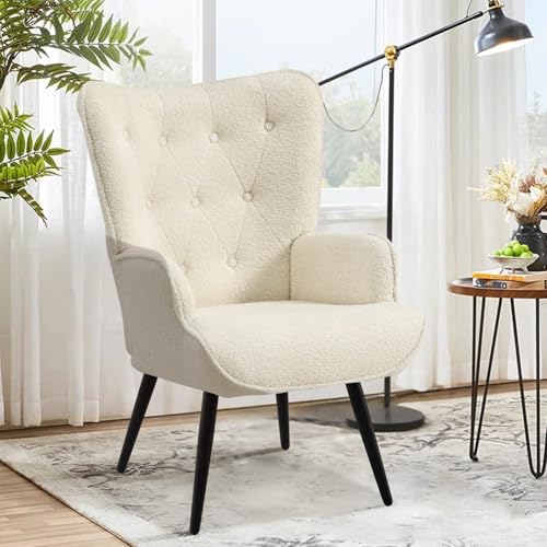 Ckaff Ohrensessel Sessel Wohnzimmer, Skandinavischer Stil Relaxsessel Sherpa Boucé mit Hoher Rückenlehne Loungesessel Polstersessel fürs Wohnzimmer Schlafzimmer Arbeitszimmer Gästezimmer, Weiß von Ckaff