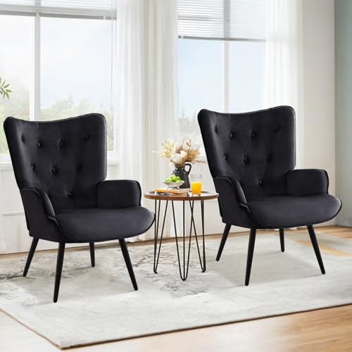 Ckaff Ohrensessel Sessel Wohnzimmer 2er Set, Skandinavischer Stil Relaxsessel Samt mit Hoher Rückenlehne Loungesessel Polstersessel fürs Wohnzimmer Schlafzimmer Arbeitszimmer Gästezimmer, Schwarz von Ckaff