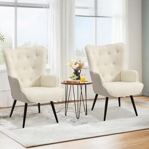 Ckaff Ohrensessel Sessel Wohnzimmer 2er Set, Skandinavischer Stil Relaxsessel Sherpa Boucé mit Hoher Rückenlehne Loungesessel Polstersessel fürs Wohnzimmer Schlafzimmer Arbeitszimmer Gästezimmer, Weiß von Ckaff