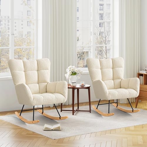 Ckaff Schaukelstuhl 2er Set, Schaukelsessel Relaxstuhl Gepolsterter Sessel Wohnzimmersessel, Stillsessel Babyzimmer Lesesessel mit Holzkufen, Armlehne für Wohnzimmer Schlafzimmer Balkon, Elfenbeinweiß von Ckaff