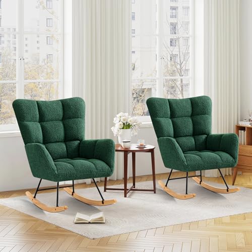 Ckaff Schaukelstuhl 2er Set, Schaukelsessel Relaxstuhl Gepolsterter Sessel Wohnzimmersessel, Stillsessel Babyzimmer Lesesessel mit Holzkufen, Armlehne für Wohnzimmer Schlafzimmer Balkon, Grün von Ckaff