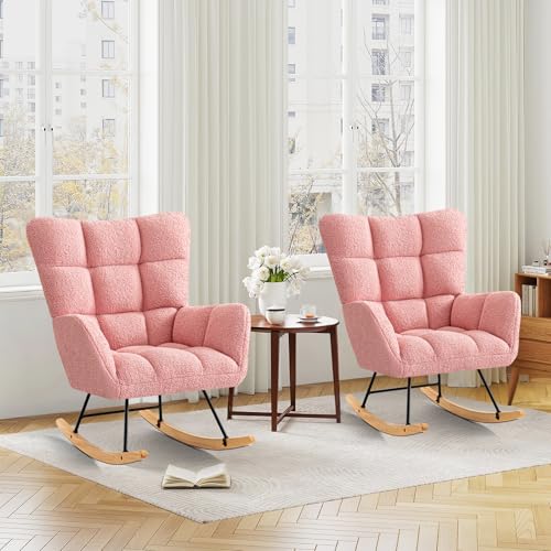 Ckaff Schaukelstuhl 2er Set, Schaukelsessel Relaxstuhl Gepolsterter Sessel Wohnzimmersessel, Stillsessel Babyzimmer Lesesessel mit Holzkufen, Armlehne für Wohnzimmer Schlafzimmer Balkon, Rosa von Ckaff