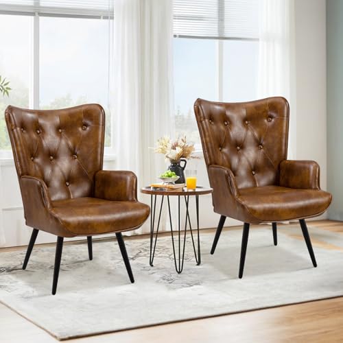 Ckaff Ohrensessel Sessel Wohnzimmer 2er Set, Skandinavischer Stil Relaxsessel PU-Kunstleder mit Hoher Rückenlehne Loungesessel Polstersessel fürs Wohnzimmer Schlafzimmer Arbeitszimmer, Braun von Ckaff