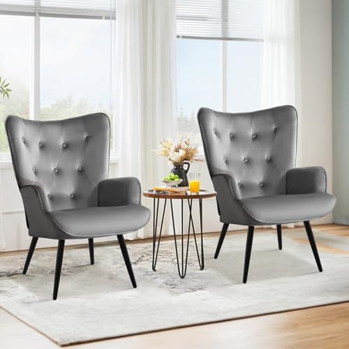 Ckaff Sessel Ohrensessel 2er Set, Relaxsessel aus Samt Lesesessel mit Hoher Rückenlehne Loungesessel Polstersessel mit Metallbeinen fürs Wohnzimmer Schlafzimmer Arbeitszimmer Gästezimmer, Grau von Ckaff