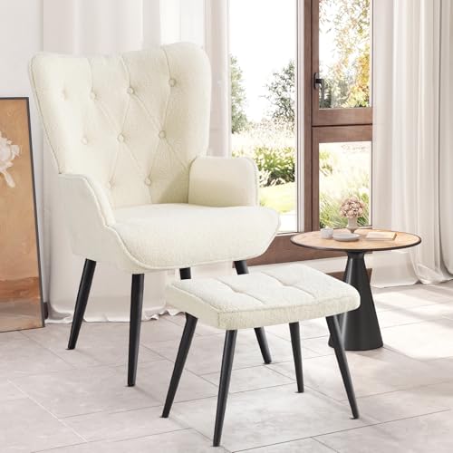 Ckaff Sessel mit Hocker, Ohrensessel mit Hocker aus Boucé, Sessel Wohnzimmer Relaxsessel mit Fußstütze Loungesessel Polstersessel fürs Wohnzimmer Schlafzimmer Arbeitszimmer, Weiß von Ckaff