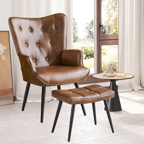 Ckaff Sessel mit Hocker, Ohrensessel mit Hocker aus PU-Kunstleder, Sessel Wohnzimmer Relaxsessel mit Fußstütze Loungesessel Polstersessel fürs Wohnzimmer Schlafzimmer Arbeitszimmer, Braun von Ckaff