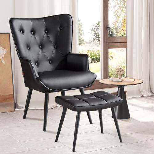 Ckaff Sessel mit Hocker, Ohrensessel mit Hocker aus PU-Kunstleder, Sessel Wohnzimmer Relaxsessel mit Fußstütze Loungesessel Polstersessel fürs Wohnzimmer Schlafzimmer Arbeitszimmer, Schwarz von Ckaff