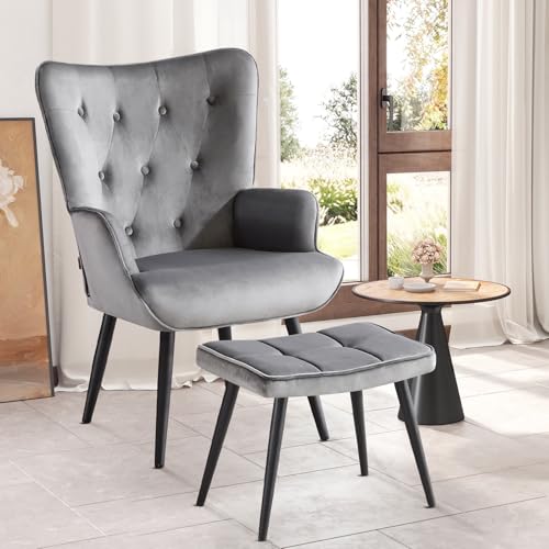 Ckaff Sessel mit Hocker, Ohrensessel mit Hocker aus Samt, Sessel Wohnzimmer Relaxsessel mit Fußstütze Loungesessel Polstersessel fürs Wohnzimmer Schlafzimmer Arbeitszimmer, Grau von Ckaff