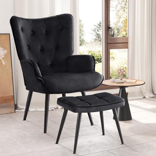 Ckaff Sessel mit Hocker, Ohrensessel mit Hocker aus Samt, Sessel Wohnzimmer Relaxsessel mit Fußstütze Loungesessel Polstersessel fürs Wohnzimmer Schlafzimmer Arbeitszimmer, Schwarz von Ckaff