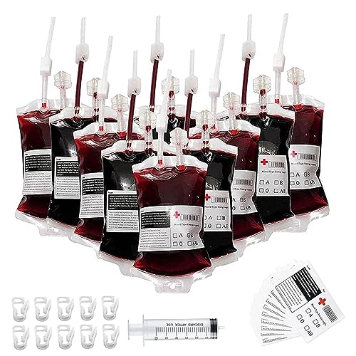 Ckuakiwu Blutbeutel für Getränke, 10er-Set, 350 ml, wiederverwendbar, transparent, hängende Getränkekühltasche mit Clip-Taschen mit 60 ml Spritze für Pigmentflüssigkeit, Halloween, Karneval, Blut Ckuakiwu Blutbeutel für Getränke, 10er-Set, 350 ml, wiederverwendbar, transparent, hängende Getränkekühltasche mit Clip-Taschen mit 60 ml Spritze für Pigmentflüssigkeit, Halloween, Karneval, Blut von Ckuakiwu