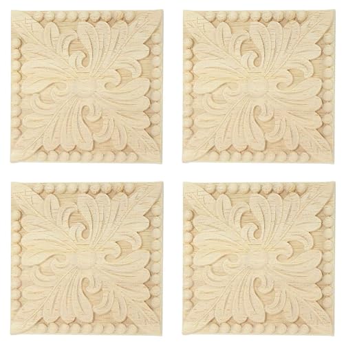 ClAZTyict 4X Naturholz Applikationen Quadrat Carving Decals Dekorative Holzleisten Fuer Schranktuer Moebel 8X8cm 10X10cm von ClAZTyict