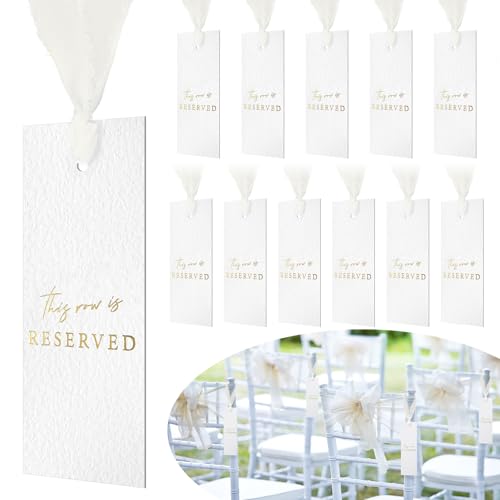 Clabby 12 Stück Hängeschilder mit Band für Hochzeit, Empfang, Party, Restaurant, "This Row Is Reserved", Schilder für Hochzeit, Kirche, Veranstaltungen, Kirchenbänke, Stuhl (Gold) von Clabby