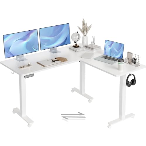 Claiks Eckschreibtisch Höhenverstellbar 160x140cm mit Dual-Motor, L Form Höhenverstellbarer Schreibtisch auf Rollen, L-förmiger Schreibtisch Weiß von Claiks