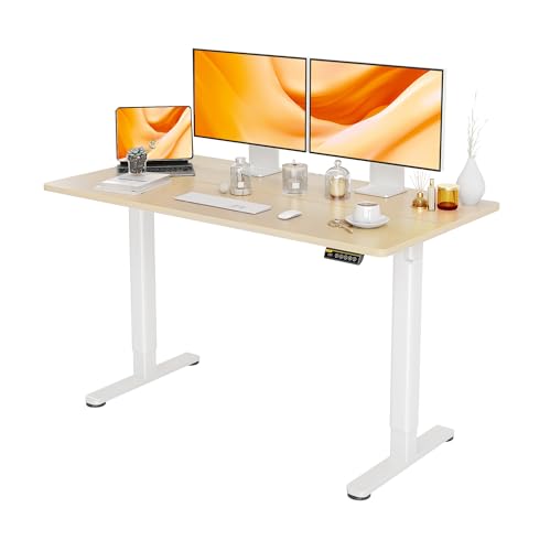 Claiks Höhenverstellbarer Schreibtisch 140x60 cm, Elektrischer Stehschreibtisch mit Kabelmanagement, Computertisch Sitz/steh mit Memory Funktion und Kollisionschutz, Beige von Claiks