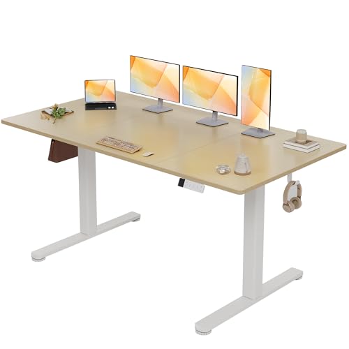 Claiks Höhenverstellbarer Schreibtisch 140x70cm, Schreibtisch Höhenverstellbar Elektrisch, Steh-Sitz Tisch mit 2 Haken und 3 Memory-Funktion, Stehpult Verstellbarer Computertisch, Standing Desk,Beige von Claiks
