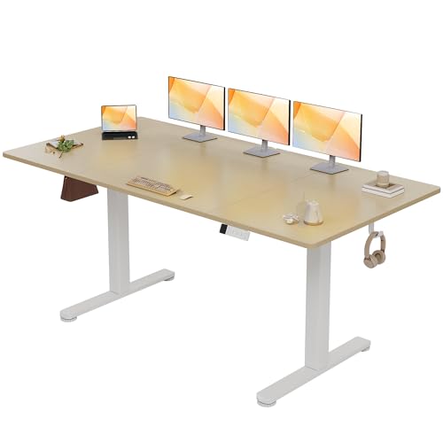 Claiks Höhenverstellbarer Schreibtisch 160x80cm, Schreibtisch Höhenverstellbar Elektrisch, Steh-Sitz Tisch mit 2 Haken und 3 Memory-Funktion, Stehpult Verstellbarer Computertisch,Standing Desk,Beige von Claiks