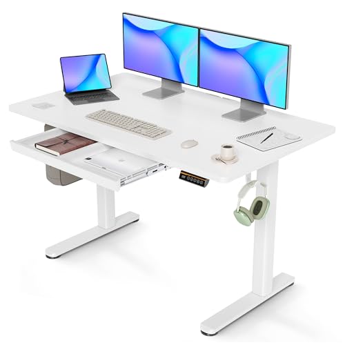 Claiks Höhenverstellbarer Schreibtisch 120x60cm mit Schublade, 80kg Tragkraft Elektrisch Schreibtisch Höhenverstellbar mit 3-Funktions-Memory und 2 Kopfhörerhaken, Standing Desk with Drawer, Weiß von Claiks