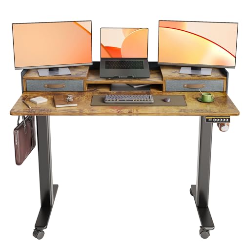 Claiks Höhenverstellbarer Schreibtisch mit Schubladen und Monitorständer 140x60 cm, Elektrischer Stehschreibtisch auf Rollen, Computertisch Sitz/steh mit Memory Funktion und Kollisionschutz,Braun von Claiks