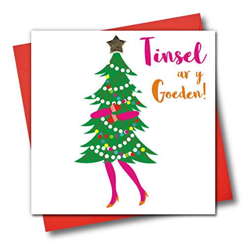 Grußkarte mit walisischer Sprache, Lametta AR Y Goeden, Ohh Christmas Tree! Weihnachtsbaum mit Frau von Claire Giles