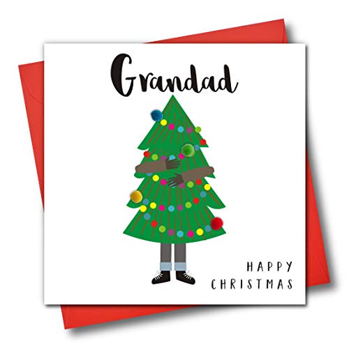 Verzierte Weihnachtskarte"Happy Christmas Grandad", Mann trägt Weihnachtsbaum von Claire Giles