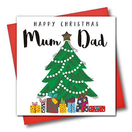 Weihnachtskarte, verziert, Aufschrift"Happy Christmas Mum & Dad", Weihnachtsbaum und Geschenke von Claire Giles