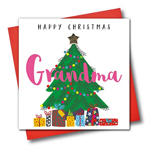 Weihnachtskarte mit Verzierung, Aufschrift"Happy Christmas Grandma", Weihnachtsbaum und Geschenke von Claire Giles