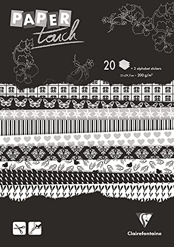 Clairefontaine 95207C - Block Paper Touch mit 20 Bögen bedruckten Bastelkarton 200g DIN A4 21x29,7 cm + Stickers Alphabet + Etiketten, für Scrapbooking und Bastelaktivitäten, Schwarz/Weiß, 1 Stück von Clairefontaine