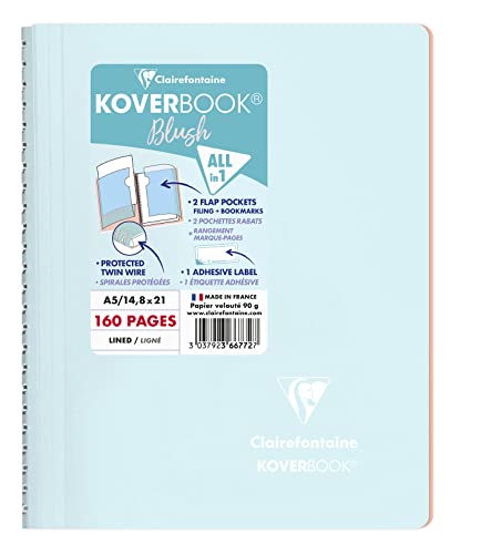 Clairefontaine 366772C Spiralblock Koverbook Blush, DIN A5, 14,8 x 21cm, 80 Blatt, liniert, 1 Stück, Eisblau / Korallenrot von Clairefontaine