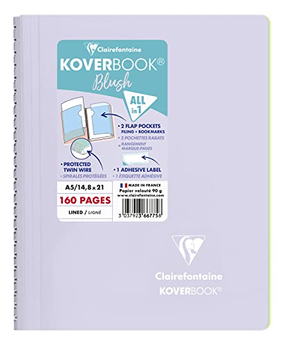 Clairefontaine 366775C Spiralblock Koverbook Blush, DIN A5, 14,8 x 21cm, 80 Blatt, liniert, 1 Stück, Lila / Grün von Clairefontaine