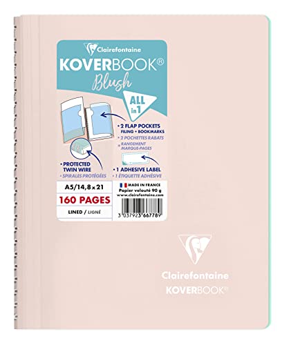 Clairefontaine 366778C Spiralblock Koverbook Blush, DIN A5, 14,8 x 21cm, 80 Blatt, liniert, 1 Stück, Rosa Perlmutt/ Minzgrün von Clairefontaine