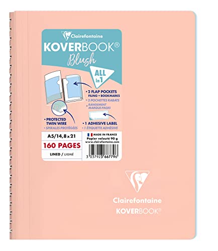 Clairefontaine 366779C Spiralblock Koverbook Blush, DIN A5, 14,8 x 21cm, 80 Blatt, liniert, 1 Stück, Korallenrot / Eisblau von Clairefontaine