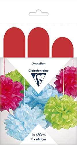 Clairefontaine 395406C Set mit 3 Pompons Seidenpapier, Ø 30cm x1 + Ø 40cm x2, ideal für Deko und Bastelprojekte, 1 Set, Rot von Clairefontaine