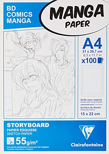 Clairefontaine 94038C Manga Block Storyboard (ideal für Zeichen von Manga und Multitechniken, DIN A4, 21 x 29,7 cm, 100 Blatt, 55 g, mit sechsteiligem Raster) weiß von Clairefontaine