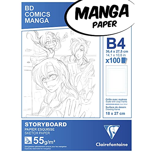 Clairefontaine 94039C Manga Block Storyboard (ideal für Zeichen von Manga und Multitechniken, DIN B4, 27,5 x 37,4 cm, 100 Blatt, 55 g, mit einfachem Raster) weiß von Clairefontaine